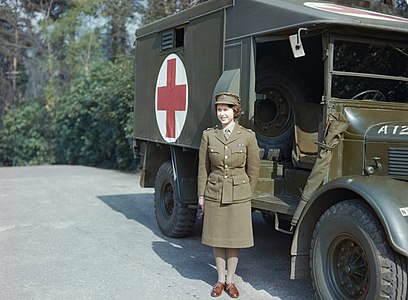 Princess Elizabeth in her Auxiliary Territorial Service uniform, by the Ministry of Information (restored by Angerey)