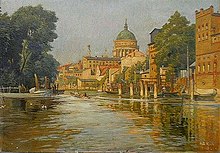 Ansicht von Potsdam - Die Alte Fahrt mit Blick auf die Nikolaikirche (View of Potsdam - The "Alte Fahrt" waterway with a view of St. Nicholas Church), Potsdam, 1918