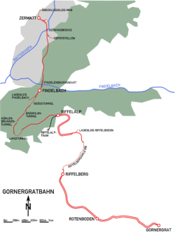 Map of the Gornergratbahn showing the Riffelalptram (in black)
