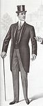 A black-and-white drawing of a white man in a top hat and an open coat that is cut so that it reaches to his knees in the back but it open in the front, curving in toward the waist. The sleeves are long and fitted but not tight. Beneath the coat, he is wearing striped, fitted trousers, a vest, and a white shirt with a high collar. He is holding a walking stick.