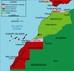 1912年的摩洛哥； 法國保護地（淡綠）、西班牙保護地（淡紅）