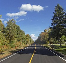A two-lane highway in a forested area on a clear day in early autumn. After a slight curve in the foreground, it goes straight through the woods to a distant vanishing point.
