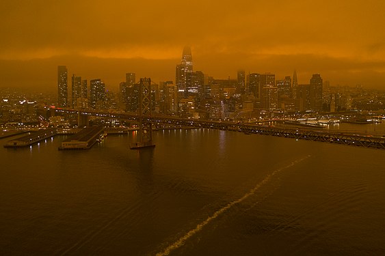 Smoke from the North Complex Fire settles over San Francisco, turning the midday sky a dark orange on September 9