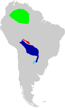 Map of South America marked green in southeastern Colombia, southern Venezuela, and northwestern Brazil; red in a narrow strip in northeastern Bolivia; dark blue in much of eastern Bolivia, much of Paraguay, and nearby Brazil; and light blue in a small area in northeastern Argentina.