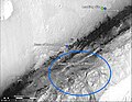 Green dot is Curiosity's landing site; upper blue is Glenelg; lower blue is base of Mount Sharp.