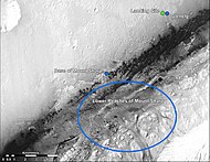 Curiosity landing site (green dot) - blue dot marks "Glenelg Intrigue" - blue spot marks base of Aeolis Mons - a planned area of study