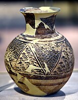 Painted pottery jar with geometric motifs and birds. From Tell Hasan at Hamrin Basin. 5th millennium BCE. Iraq Museum