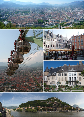 From upper left: Panorama of the city, Grenoble’s cable cars, place Saint-André, jardin de ville, banks of the Isère river