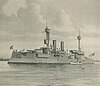 A large gray warship with two tall masts and two thin smoke stacks sits idly offshore