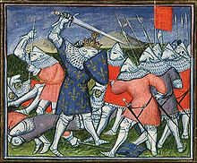 A contemporary depiction of men-at-arms fighting on foot