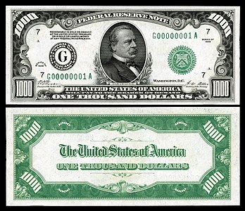 One-thousand-dollar Federal Reserve Note from the series of 1928 at Large denominations of United States currency, by the Bureau of Engraving and Printing