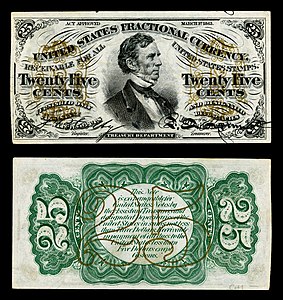 Third issue of the twenty-five-cent fractional currency, by the United States Department of the Treasury