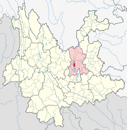 Location of Wuhua District (red) and Kunming City (pink) within Yunnan