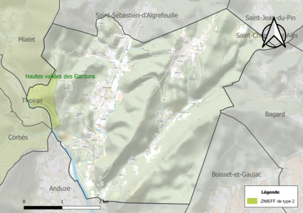 Carte de la ZNIEFF de type 2 sur la commune.