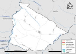 Carte en couleur présentant le réseau hydrographique de la commune