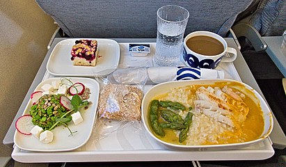 An airline meal inside Embraer 190 operated by Norra/Finnair