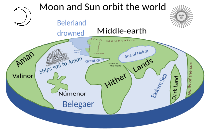 Map of Arda in the Second Age, showing Númenor in the Great Sea, Belegaer, between Aman and Middle-earth.