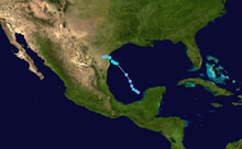 A track map of a tropical storm over the western Gulf of Mexico; the overall path is northwestward