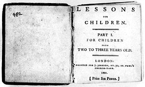 La page se lit ainsi : Lessons for Children. Part I. For Children from Two to Three Years Old. London: Printed for J. Johnson, No. 72, St. Paul's Church-Yard. 1801. [Price six Pence.] (Leçons pour les enfants. Première partie. Pour les enfants âgées de deux à trois ans. Londres : Imprimé pour J. Johnson, no 72, Cimetierre de St Paul. 1801. [Prix six pence.]