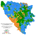 Stanovništvo BiH prema popisu iz 2013. Hrvati - narančasta, Srbi - plava, Bošnjaci - zelena