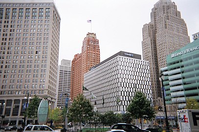 The Qube (white low rise) from Campus Martius Park