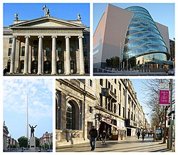 Clockwise from top: the General Post Office, the Convention Centre, northern O'Connell Street, the Spire of Dublin.