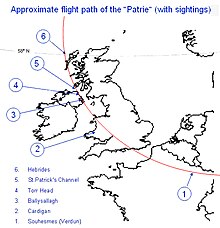 Map showing Central and Northern France and the Benelux states on the right and the British Isles on the left; an arc from Northern France swings clockwise across France, Southern England, Central Wales and Northern Ireland, ending over the Western Isles of Scotland. Six points at which the Patrie was sighted on its final unmanned flight are marked along the flight-path