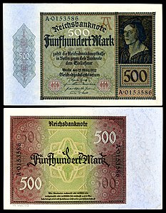 Five-hundred Mark at German Papiermark, by the Reichsbankdirektorium Berlin