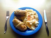 Cabbage rolls, Gołąbki variant, served with mashed potatoes and lecsó sauce