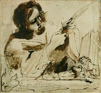 Heiliger Marc spitzt seine Feder, um zu schreiben, Guercino, 17. Jahrhundert.