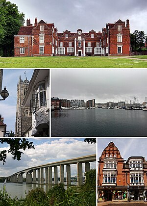 Clockwise from top left: Christchurch Mansion, St Lawrence Church, Ipswich Waterfront, Orwell Bridge, Ipswich Town Centre