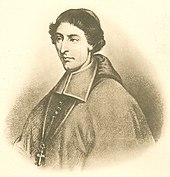Black and white illustration of a man with wavy hair, wearing a zucchetto, liturgical vestments, and a pectoral cross facing left.