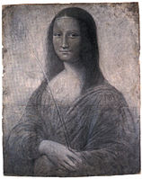 Design for the Mona Lisa made about 1499 and attributed to Leonardo da Vinci", "Dimensions of canvas 25.50 by 20.50 inches", "In the collection of Giuseppe Vallardi, Florence" A charcoal and graphite study of the Mona Lisa attributed to Leonardo is in the Hyde Collection, in Glens Falls, NY. Attributed to Leonardo da Vinci , Italian (1452-1519), Study of the Mona Lisa, c. 1503, charcoal and graphite, 24 1/8 x 20 1/8 in., The Hyde Collection, 1971.71/ There is an assumption that this picture from the Hyde collection in New York is made by Leonardo da Vinci's hand and is a preliminary sketch of the portrait of the Mona Lisa. In this case, it is curious that at first he intended to put a magnificent branch in her hands.