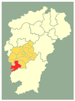 Location of Suichuan County (red) within Ji'an City (gold) and Jiangxi