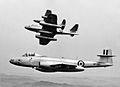 Gloster Meteors practise manoeuvres over Iwakuni, Japan, 1952