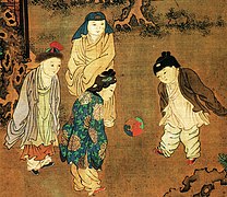 A Song dynasty painting by Su Hanchen (c. 1130–1160), depicting Chinese children playing cuju