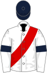 White, red sash, dark blue armlets and cap