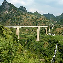 興義市側から望む南昆線・清水河大橋。馬別河の対岸は興仁市