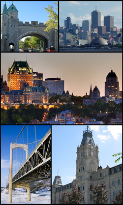 Top left: Saint Louis Gate in Ramparts of Quebec City; Top right: View of downtown Vieux Quebec Cap Blanc Colline Parlementaine and Bassin Louise waterfront area from Saint Laurent Street in Levis area; Centre: View of Frontenac Castle and The Holy Trinity Cathedral in downtown Quebec City; Bottom left: Pierre Laporte Bridge, Bottom right:Quebec national assembly