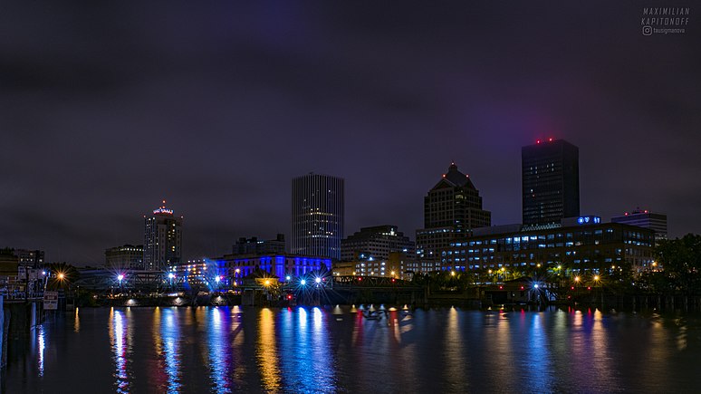 The eastern half of Downtown Rochester, seen from across the Genesee