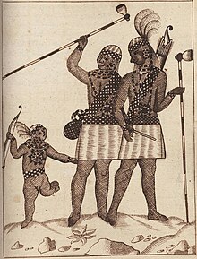 A drawing of a man, woman and a boy-child, likely a family unit. The man and the child have bows and feathered head-dresses. While the child is nude the man and woman wear loin-cloths. The man and the woman also both carry long ornate (tobacco) pipes.