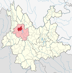 Location of Eryuan County (red) and Dali Prefecture (pink) within Yunnan province