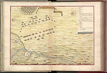 A colourful historical map. It shows the small town of Montijo and the lined up Portuguese and Spanish armies outside.
