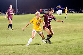 The Pioneers soccer team in action against the Texas A&M–Commerce Lions in 2014