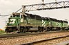 A westbound Burlington Northern train in Aurora, Illinois, 1992