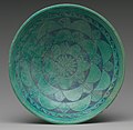 Ancient Egyptian bowl; 200–150 BC; faience; 4.8 × 16.9 cm (1.9 × 6.7 in); Metropolitan Museum of Art (New York City)