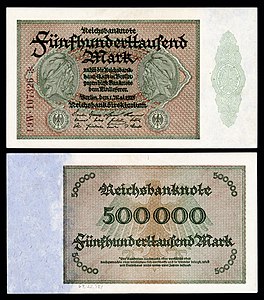 Five-hundred-thousand Mark at German Papiermark, by the Reichsbankdirektorium Berlin