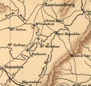 map of Harrisonburg, Virginia, and area south during 1860s