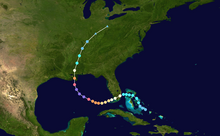 A map plotting the path of Hurricane Katrina from the Bahamas, across Florida and the Gulf of Mexico, and then the Southern United States and Mississippi River Valley