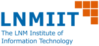 The official logo of The LNM Institute of Information Technology, consisting of 6 spanish orange squares arranged in rows of 3-2-1 to the right of the word LNMIIT in light blue. The full name of the institute is written below the acronym.